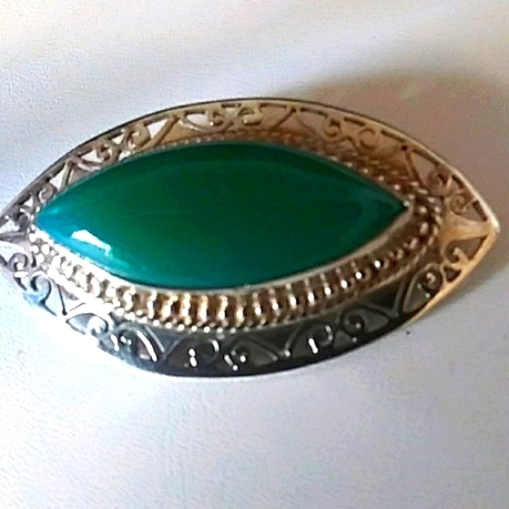 Stunning Sterling Silver Green Onyx Pin - Picture 1 of 7